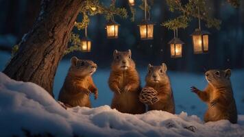 Four squirrels gather under lanterns in a snowy forest for a whimsical nighttime scene. photo