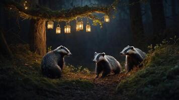 A serene forest scene featuring three badgers illuminated by hanging lanterns at night. photo