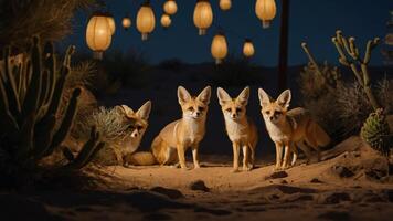 Four fennec foxes gathered under lanterns in a desert setting. photo