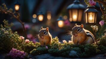 Two chipmunks amidst flowers and lanterns in a serene evening setting. photo