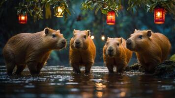 Four capybaras standing in water under lanterns in a lush, serene environment. photo