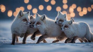 A group of playful foxes running together in a snowy landscape with soft bokeh lights. photo