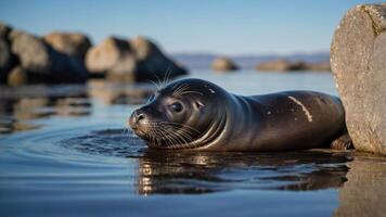 A seal resting by the water's edge, surrounded by rocks and reflecting the serene environment. photo