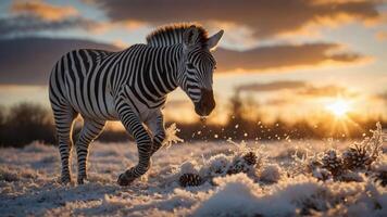 A zebra walks through a snowy landscape at sunset, creating a serene winter scene. photo