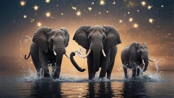 Three elephants playfully splashing in water under a starry sky at sunset. photo