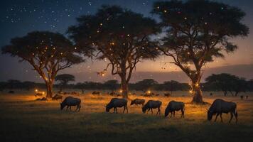 A serene twilight scene with buffalo grazing under illuminated trees. photo