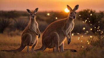 Two kangaroos stand in a grassy field at sunset, surrounded by sparkling lights. photo