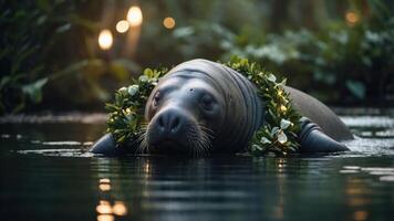 A serene seal adorned with a floral wreath swims in tranquil waters surrounded by greenery. photo