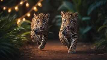 Two playful jaguar cubs running along a path adorned with fairy lights in a lush environment. photo