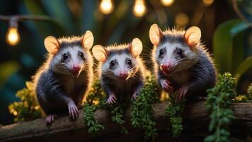 Three cute marsupials with large ears posed on a branch amidst soft lighting and greenery. photo