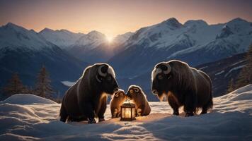 A serene scene of musk oxen gathered around a lantern in a snowy mountain landscape. photo