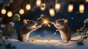 Two mice exchanging a glowing spark amidst snow and fairy lights. photo