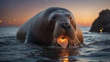 A walrus holding a heart-shaped object in its mouth against a sunset backdrop. photo