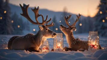 Two reindeer surrounded by jars with lights in a snowy landscape at dusk. photo