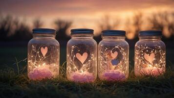 Four jars with heart shapes and fairy lights, creating a romantic ambiance at sunset. photo
