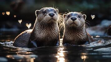 Two otters playfully interacting in water, surrounded by heart-shaped bokeh lights. photo