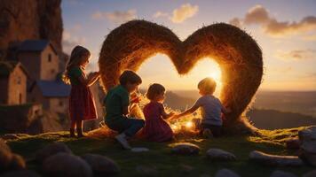Children playing near a heart-shaped hay structure at sunset, creating a warm, joyful scene. photo