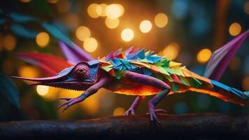 A colorful origami-inspired chameleon displayed on a branch with a dreamy background. photo