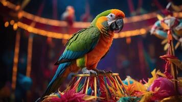 A vibrant parrot perched on a colorful display in a festive circus setting. photo