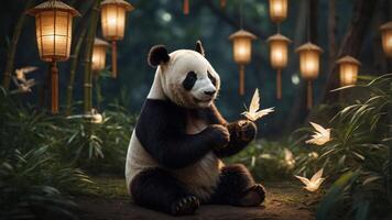 A panda interacts with butterflies in a serene, lantern-lit forest setting. photo