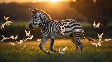A zebra runs through a grassy field, surrounded by flying birds at sunset. photo