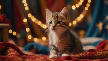 A curious kitten sits on a colorful blanket, surrounded by soft lights in a cozy setting. photo