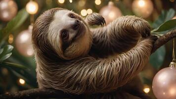A sloth hanging on a branch surrounded by festive decorations. photo