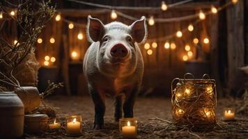 A pig stands amidst soft lighting and candles, creating a cozy, festive atmosphere. photo