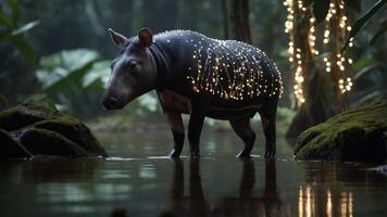 A tapir stands in a serene forest setting, illuminated by glowing lights. photo