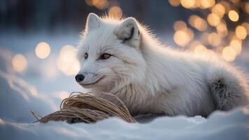 A serene Arctic fox resting in snow with a soft, blurred background of warm lights. photo