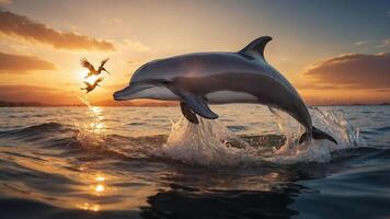 A dolphin leaps from the water at sunset, with birds flying nearby, creating a serene scene. photo