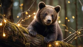 A bear perched on a mossy log adorned with fairy lights in a serene forest setting. photo