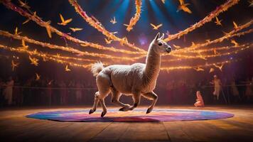 A llama performs in a vibrant circus setting, surrounded by colorful decorations and an audience. photo
