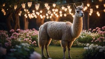 A llama stands in a flower garden illuminated by string lights at dusk. photo