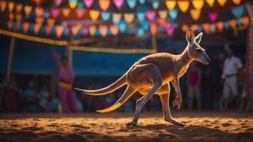 A kangaroo gracefully hops in a vibrant, festive setting with colorful decorations. photo