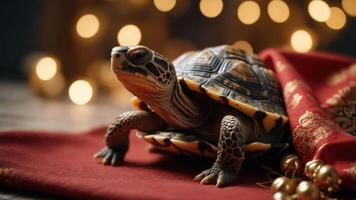 A turtle on a decorative cloth with festive bokeh lights in the background. photo