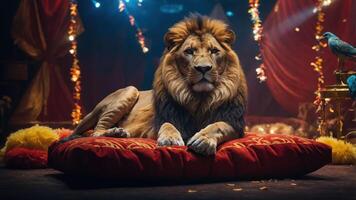 A majestic lion lounges on a plush cushion in a vibrant circus setting. photo