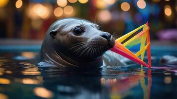 A seal playfully holds a colorful toy in its mouth while swimming in a pool. photo