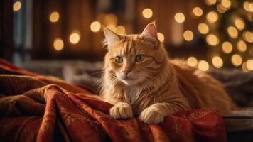 A serene orange cat resting on a couch with warm, blurred lights in the background. photo