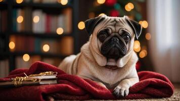 A pug resting on a cozy blanket with a festive backdrop of holiday lights. photo