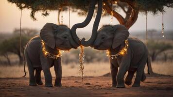 Two young elephants playfully touching trunks under a tree adorned with lights at sunset. photo