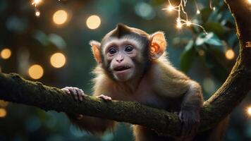 A young monkey perched on a branch, surrounded by soft glowing lights in a lush environment. photo