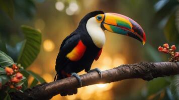 A vibrant toucan perched on a branch amidst a lush, colorful background. photo