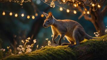 A kangaroo perched on a mossy log surrounded by flowers and fairy lights at dusk. photo