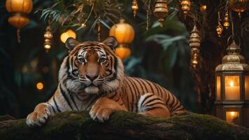 A majestic tiger lounges on a mossy log surrounded by lanterns and greenery. photo