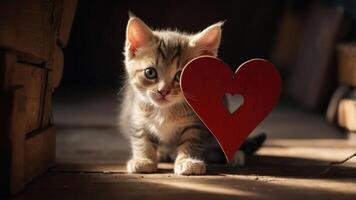 A playful kitten peeks through a heart-shaped cutout, capturing a moment of affection. photo