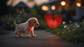 A playful puppy stands on a path, gazing at a glowing heart decoration in a garden setting. photo