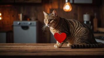 A tabby cat sits on a wooden table with a red heart symbol beside it. photo