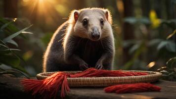 A close-up of a cute animal with red fibers in a natural setting. photo