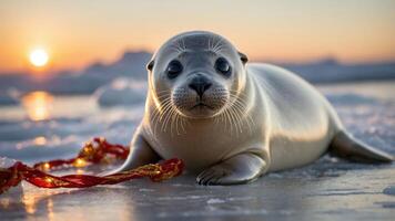 A seal resting on ice with a decorative ribbon, basking in the sunset glow. photo